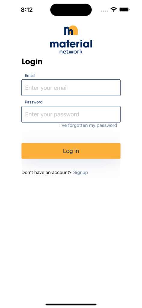 Material Network app: login screen