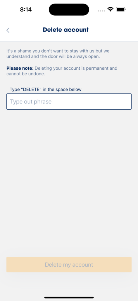 Material Network App: confirm delete account screen