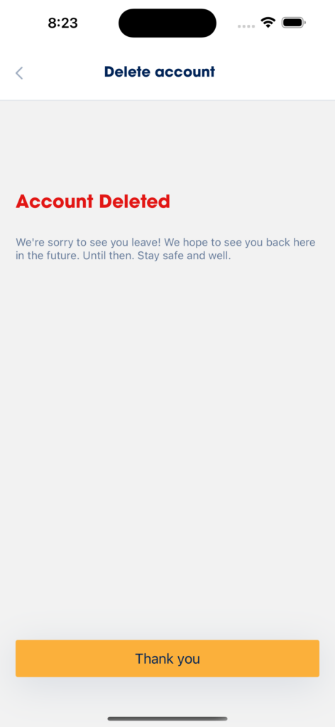 Material Network App: account deleted confirmation screen